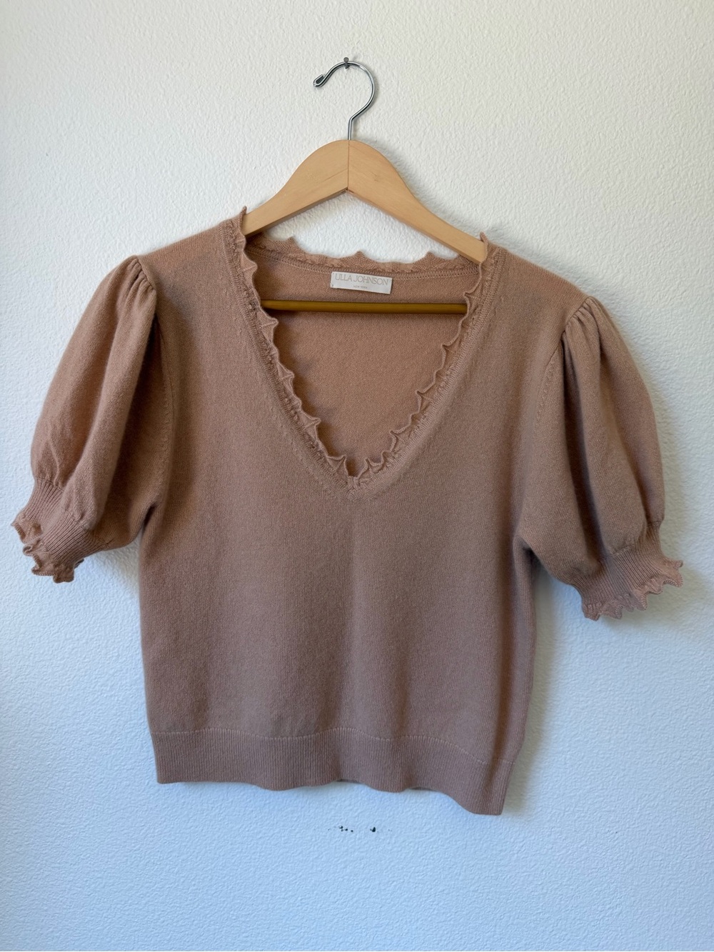 Ulla Johnson 100% Cashmere Puff Sleeve Sweater Camel Brown Ruffle Trim XS